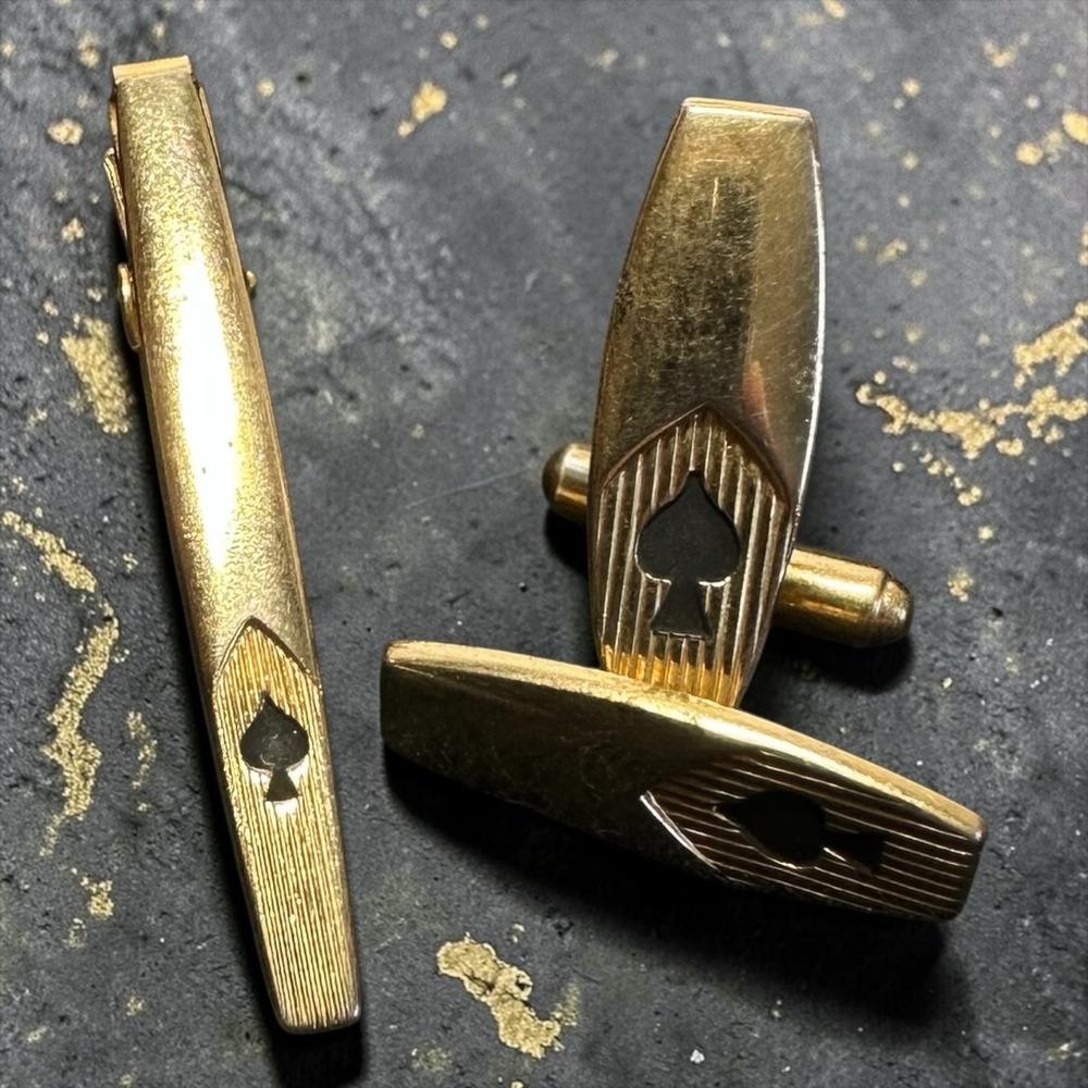 Vintage Anson Spade Tie Clip Cufflinks Set Gold Tone Mid Century‎ Mens